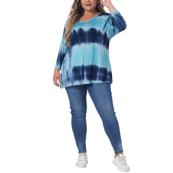 Plus Size T Shirt 3/4 Sleeve Loose Blouse Striped Tie Dye Print Tops Lake Blue - Picture 3 of 5